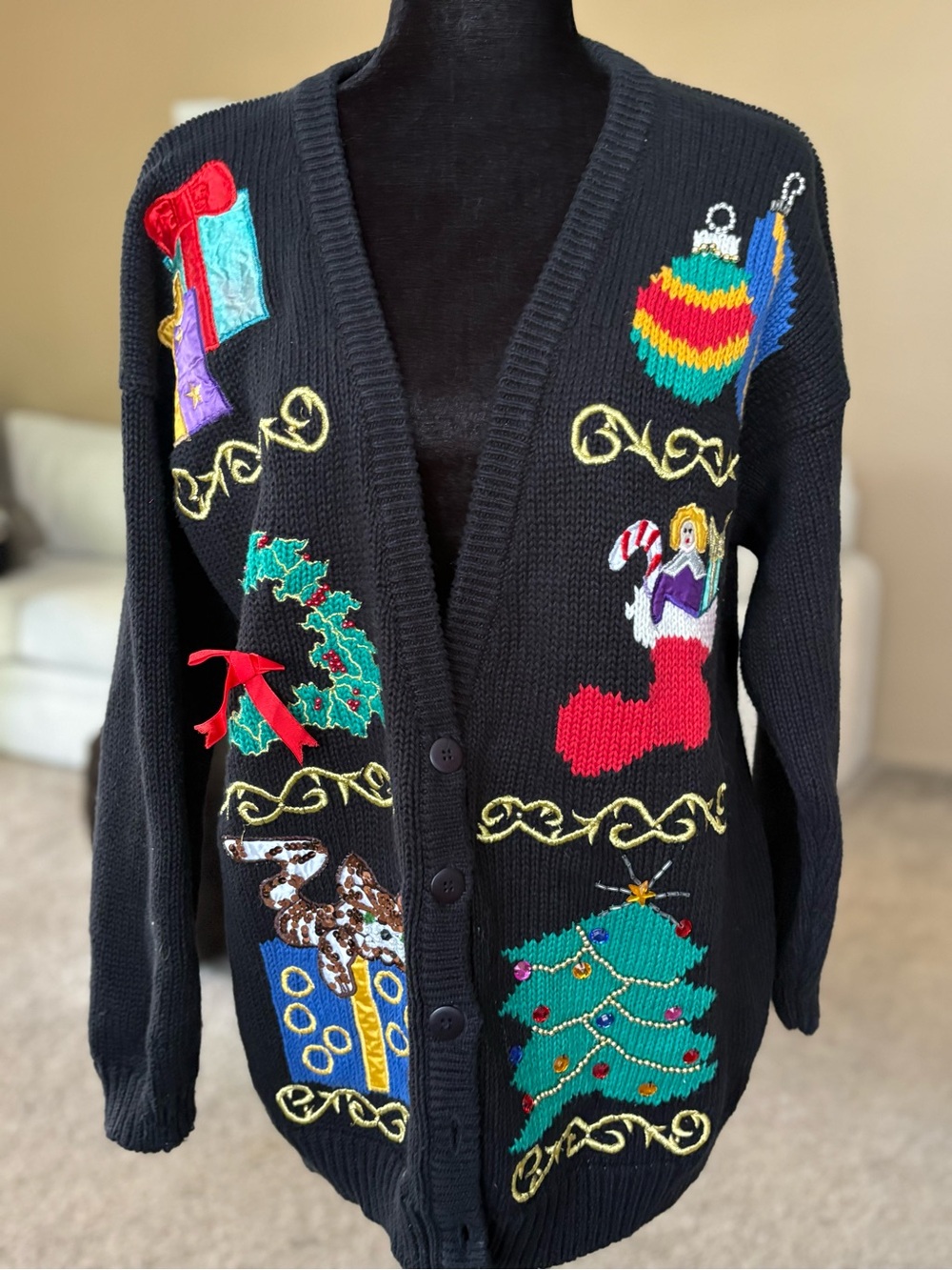 Women’s Black Holiday Embroidered Cardigan Sweater